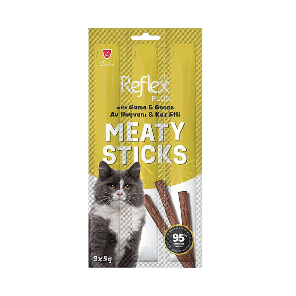 Reflex Plus Meaty Sticks Av Hayvanlı ve Kaz Etli Yetişkin Kedi Stick Ödül, 3 lü Paket, 15g