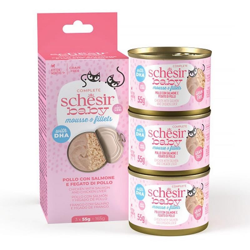 Schesir Baby Tavuk ve Somonlu Tahılsız Yavru Kedi Konserve Mama, 3 lü Paket, 55g