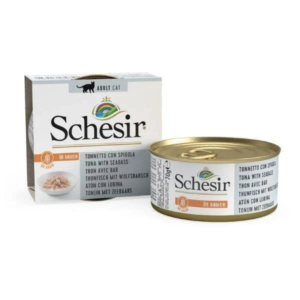 Schesir İn Sauce Ton Balığı ve Levrekli Yetişkin Kedi Konserve Mama, 70g