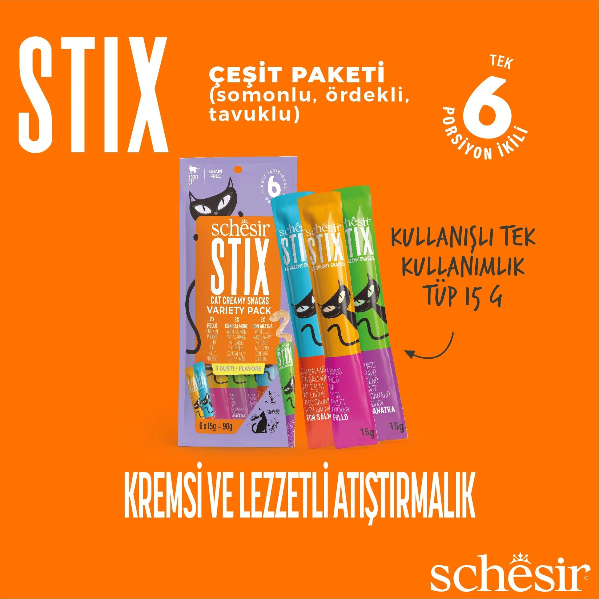 Schesir Stix Karışık Lezzetli Adult Kedi Krema Ödül, 6 lı Paket, 15g