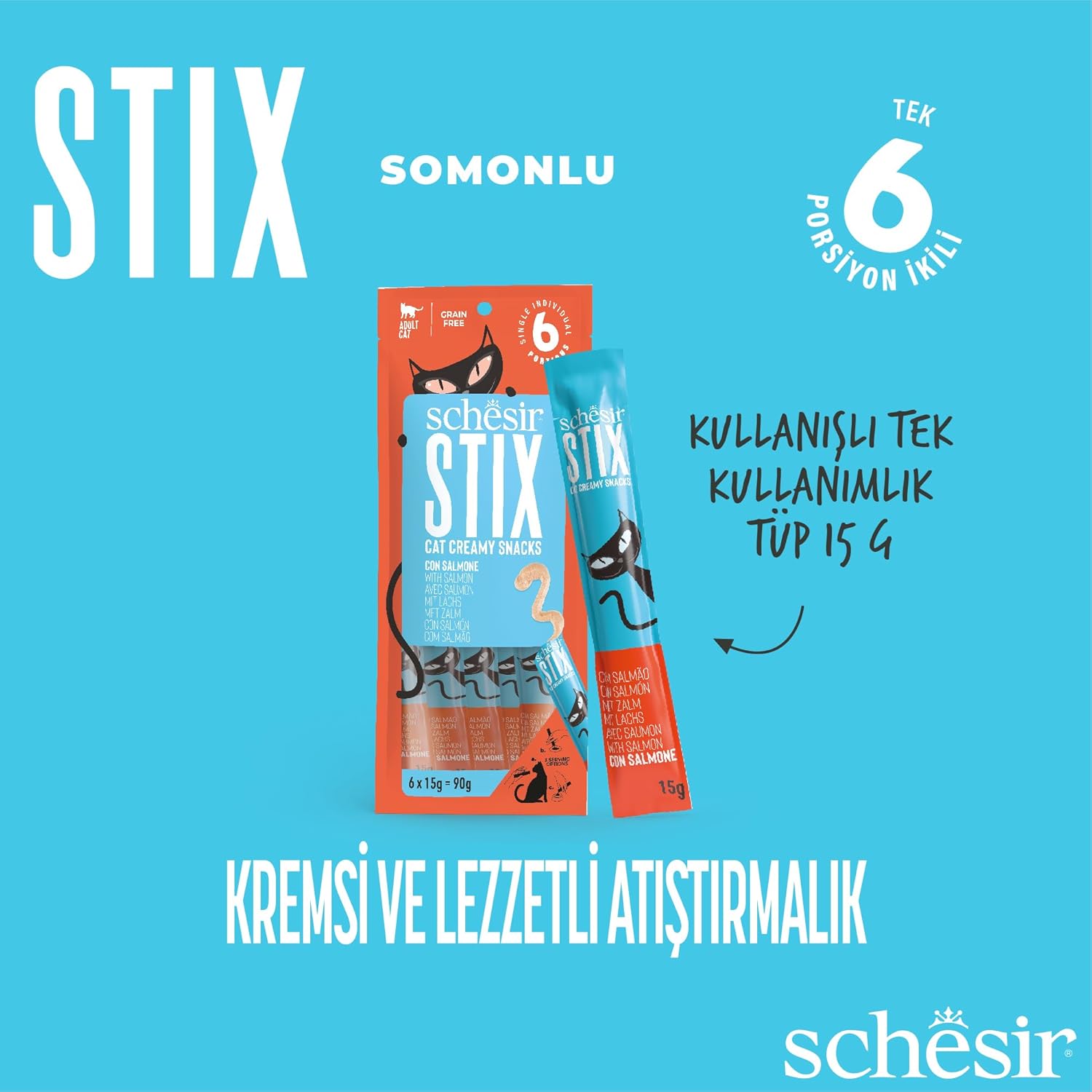 Schesir Stix Somonlu Adult Kedi Krema Ödül, 6 lı Paket, 15g