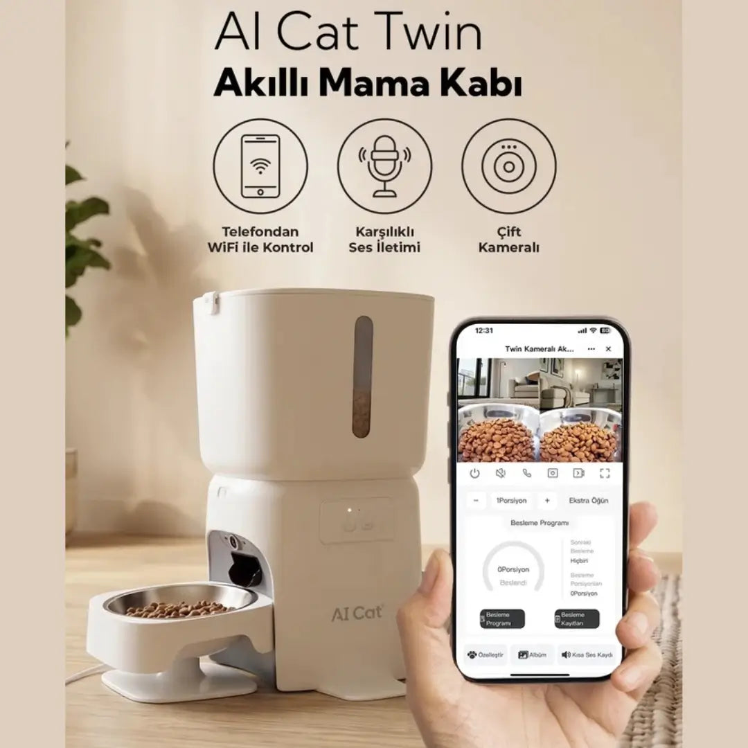 AI Cat Twin Çift Kameralı Akıllı Kedi ve Köpek Mama Kabı