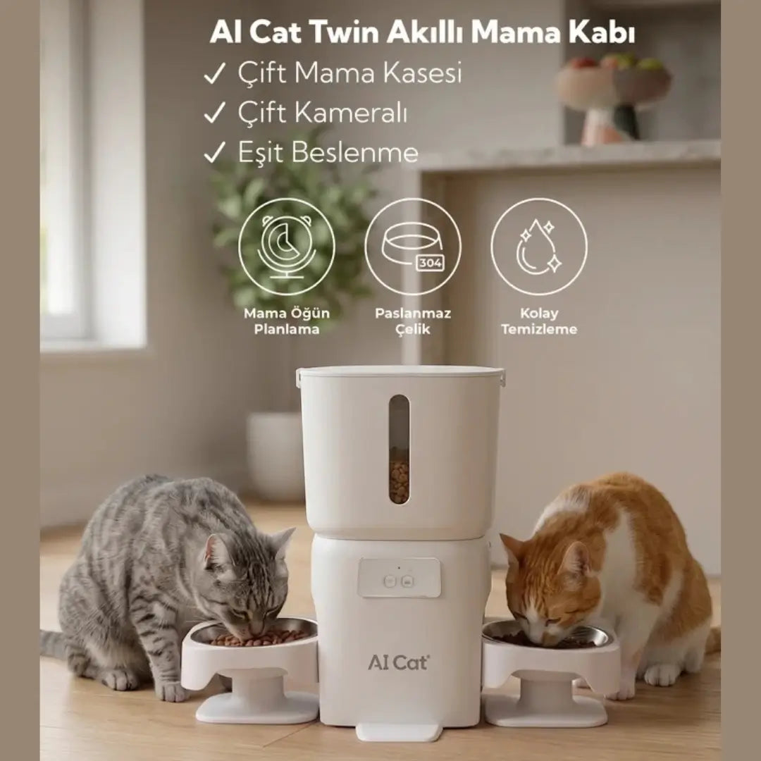 AI Cat Twin Çift Kameralı Akıllı Kedi ve Köpek Mama Kabı