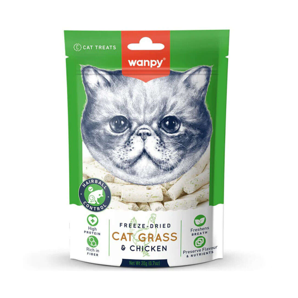Wanpy Cat Grass Dondurulmuş Kedi Çimi ve Tavuklu Kedi Dondurularak Kurutulmuş Ödül, 20g