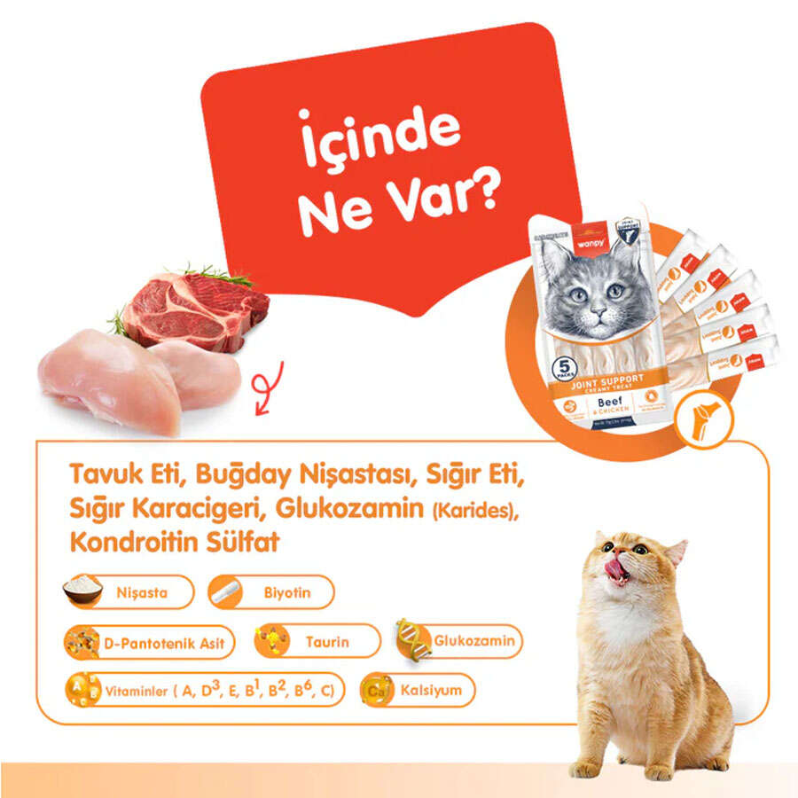 Wanpy Joint Support Sığır Eti ve Tavuklu Kedi Likit Ödül, 5 li Paket, 14g