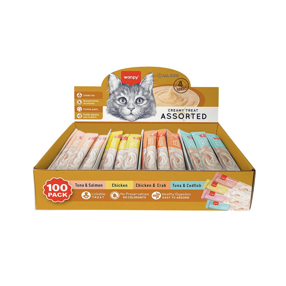 Wanpy Creamy Treat Karışık 4 lezzetli Kedi Krema Ödül, 100 lü Paket, 14g
