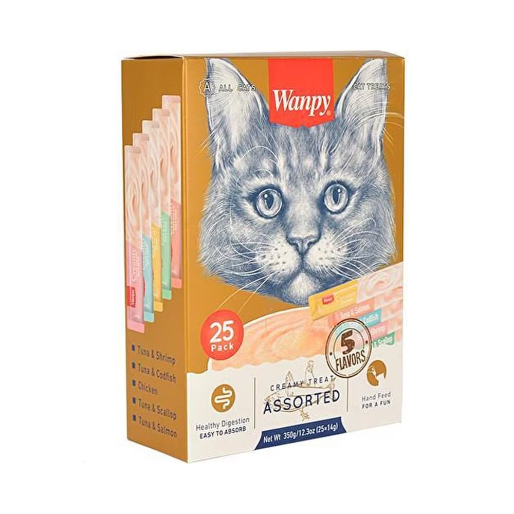 Wanpy Creamy Treat Karışık 5 lezzetli Kedi Krema Ödül, 25 li Paket, 14g