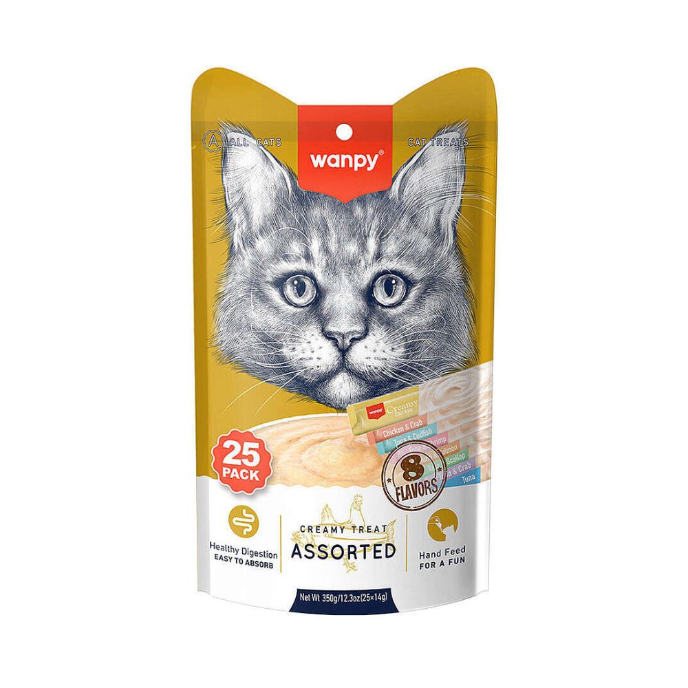 Wanpy Creamy Treat Karışık 8 lezzetli Kedi Krema Ödül, 25 li Paket, 14g