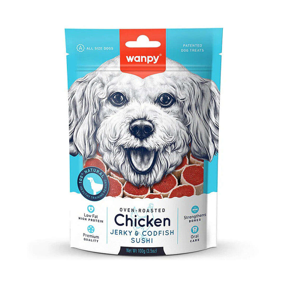 Wanpy Oven-Roasted Oven Roasted Tavuk ve Morina Balıklı Köpek Sushi Ödül, 100g