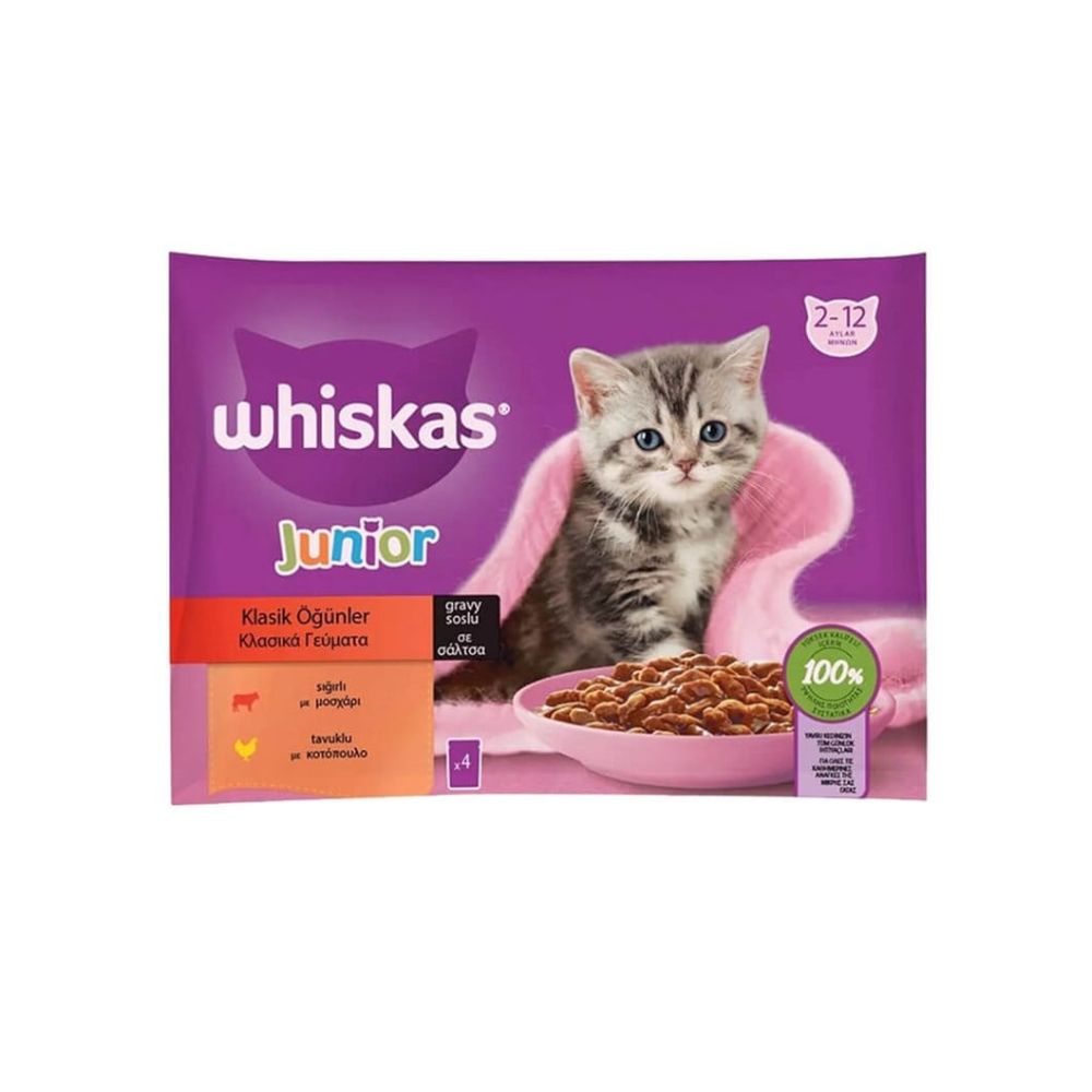 Whiskas Junior Poach Sığır Eti ve Tavuklu Yavru Kedi Yaş Mama, 4 lü Paket, 85g