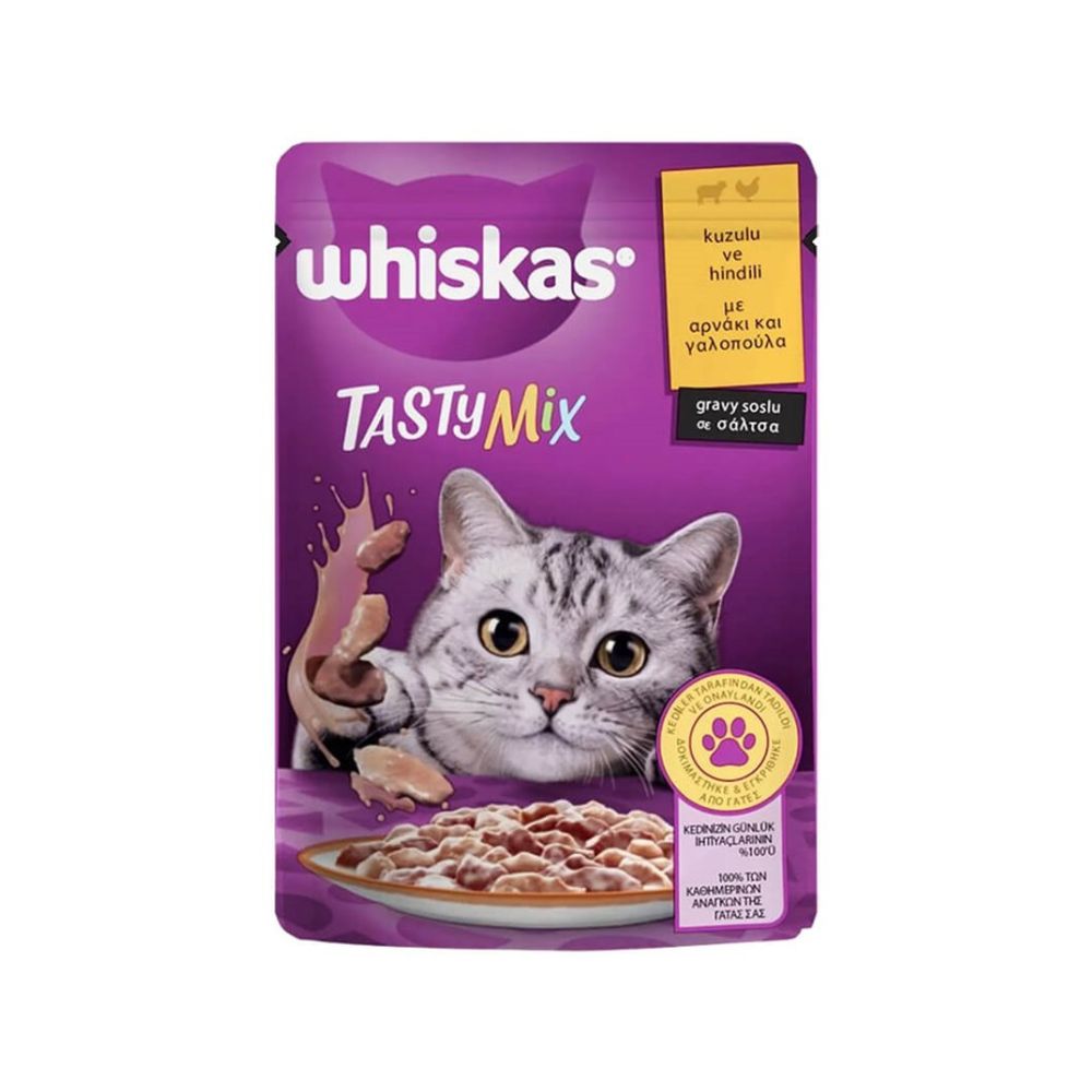 Whiskas Tasty Mix Poach Kuzu Eti ve Hindili Yetişkin Kedi Yaş Mama, 85g