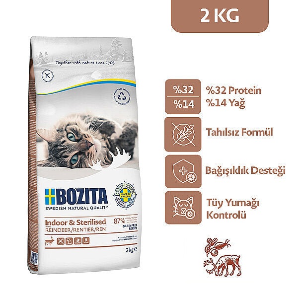 Bozita Indoor & Sterilised Kısırlaştırılmış Ren Geyiği Etli Tahılsız Yetişkin Kedi Maması