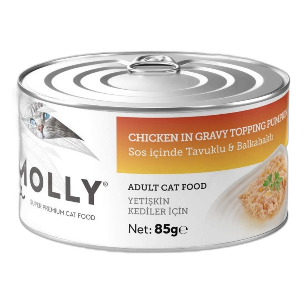 Molly Sos İçinde Tavuklu ve Balkabaklı Yetişkin Konserve Kedi Konserve Maması, 85 g